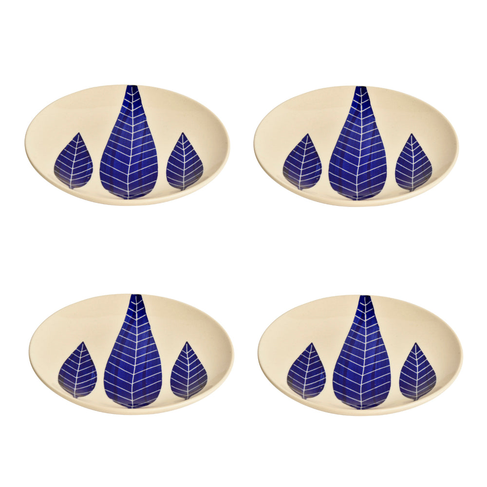 Hand Painted Ceramic Blue Leaf Quarter Plates (7 inches, Set of 4)