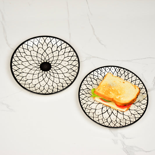 Hand Painted Black and White Spiral Ceramic Quarter Plates (7 inches, Set of 2)