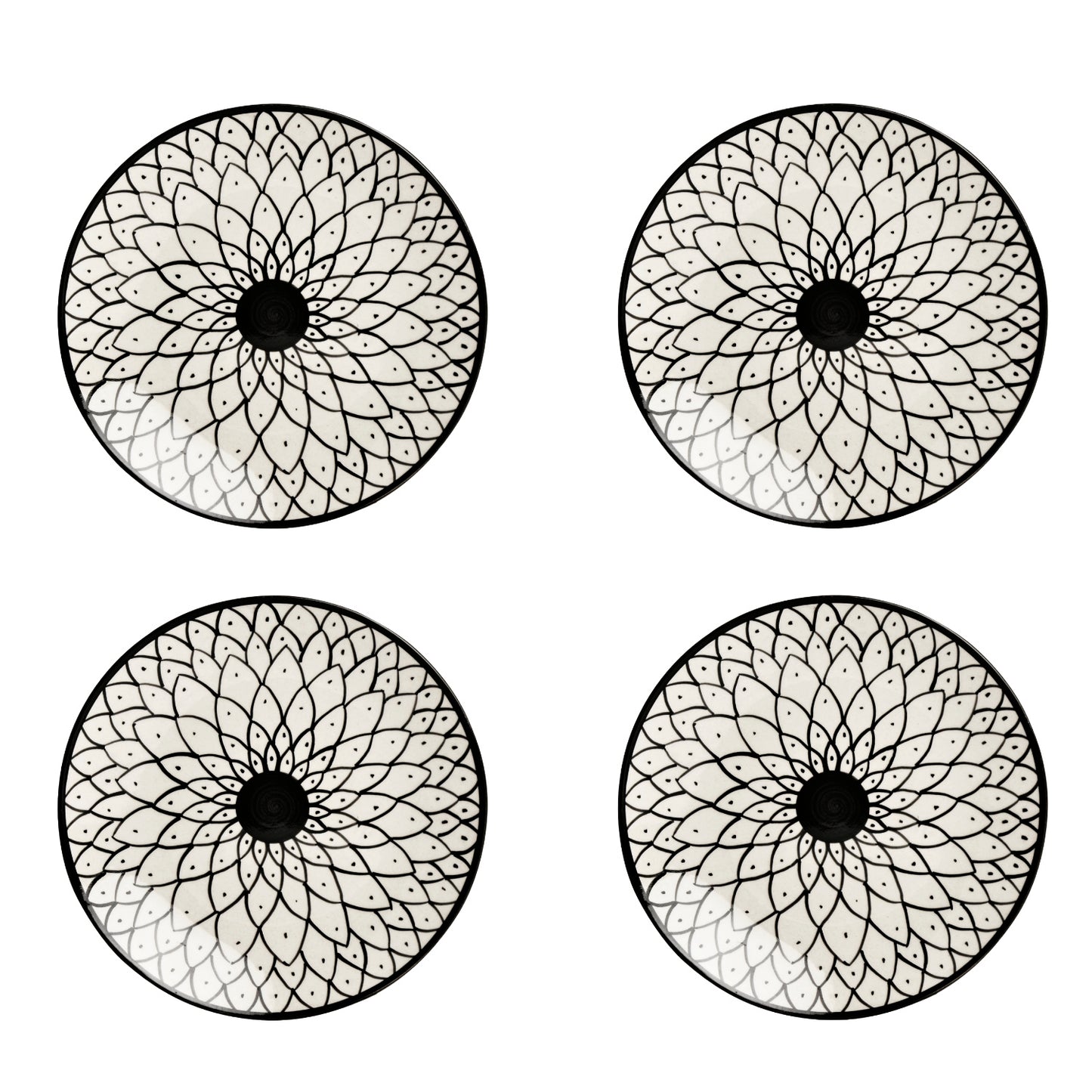 Hand Painted Black and White Spiral Ceramic Quarter Plates (7 inches, Set of 4)