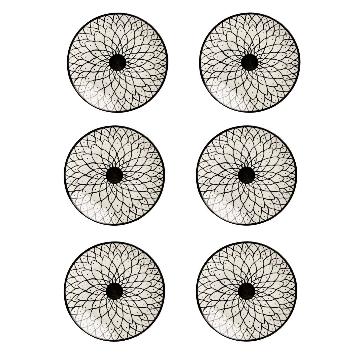 Hand Painted Black and White Spiral Ceramic Quarter Plates (7 inches, Set of 6)