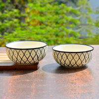 Hand Painted Black & White Spiral Ceramic Serving Bowls (5 inches, 325 ml each, Set of 2)