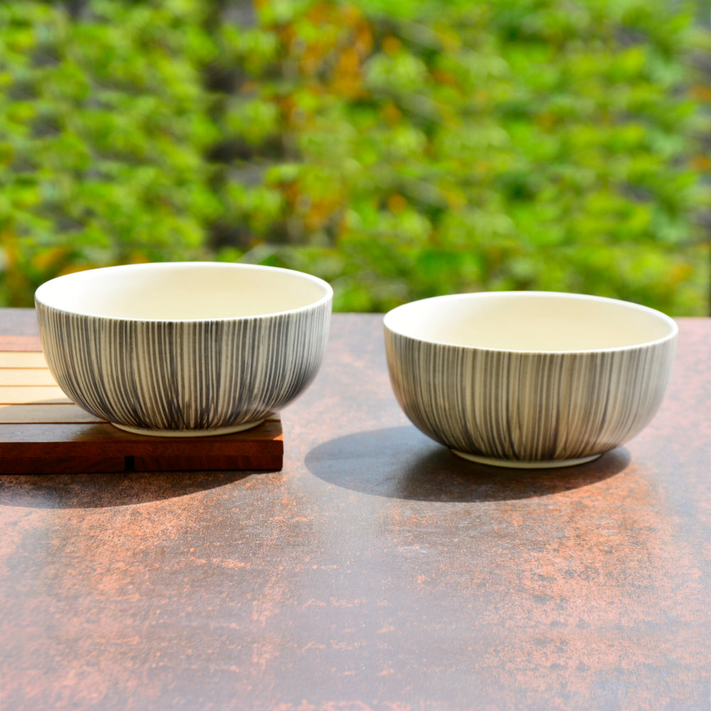 Hand Painted Black Brush Ceramic Serving Bowls (5 inches, 325 ml each, Set of 2)