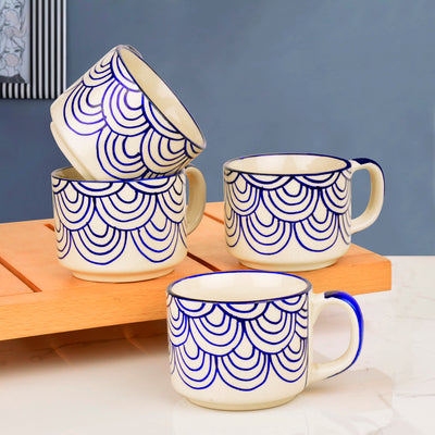 Hand Painted Blue Spiral Ceramic Cups (Set of 4, 150 ml)