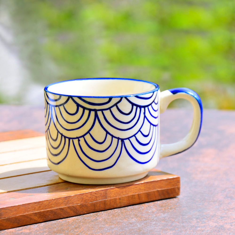 Hand Painted Blue Spiral Ceramic Cups (Set of 4, 150 ml)