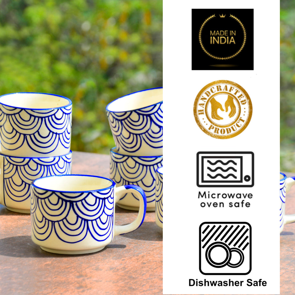 Hand Painted Blue Spiral Ceramic Cups (Set of 4, 150 ml)