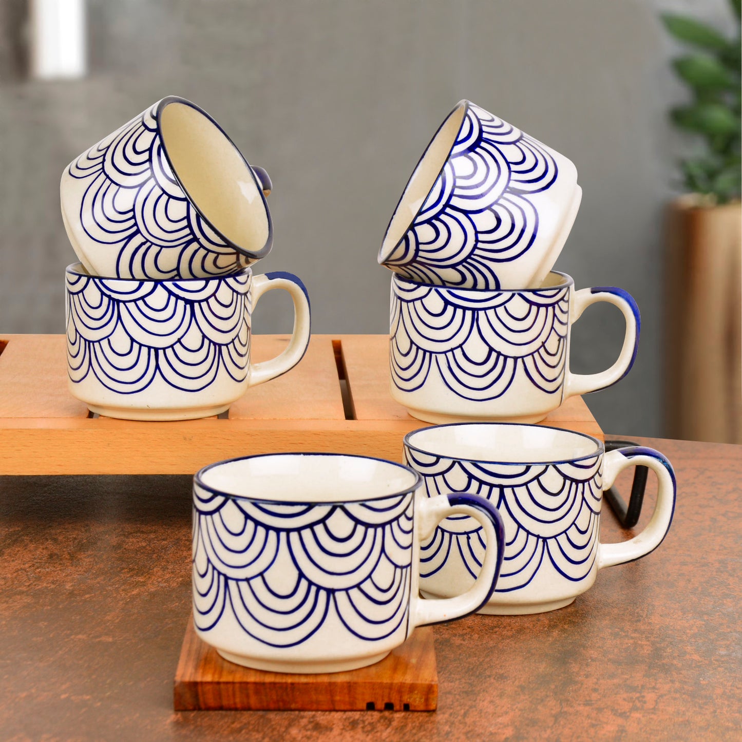 Hand Painted Blue Spiral Ceramic Cups (Set of 6, 150 ml)