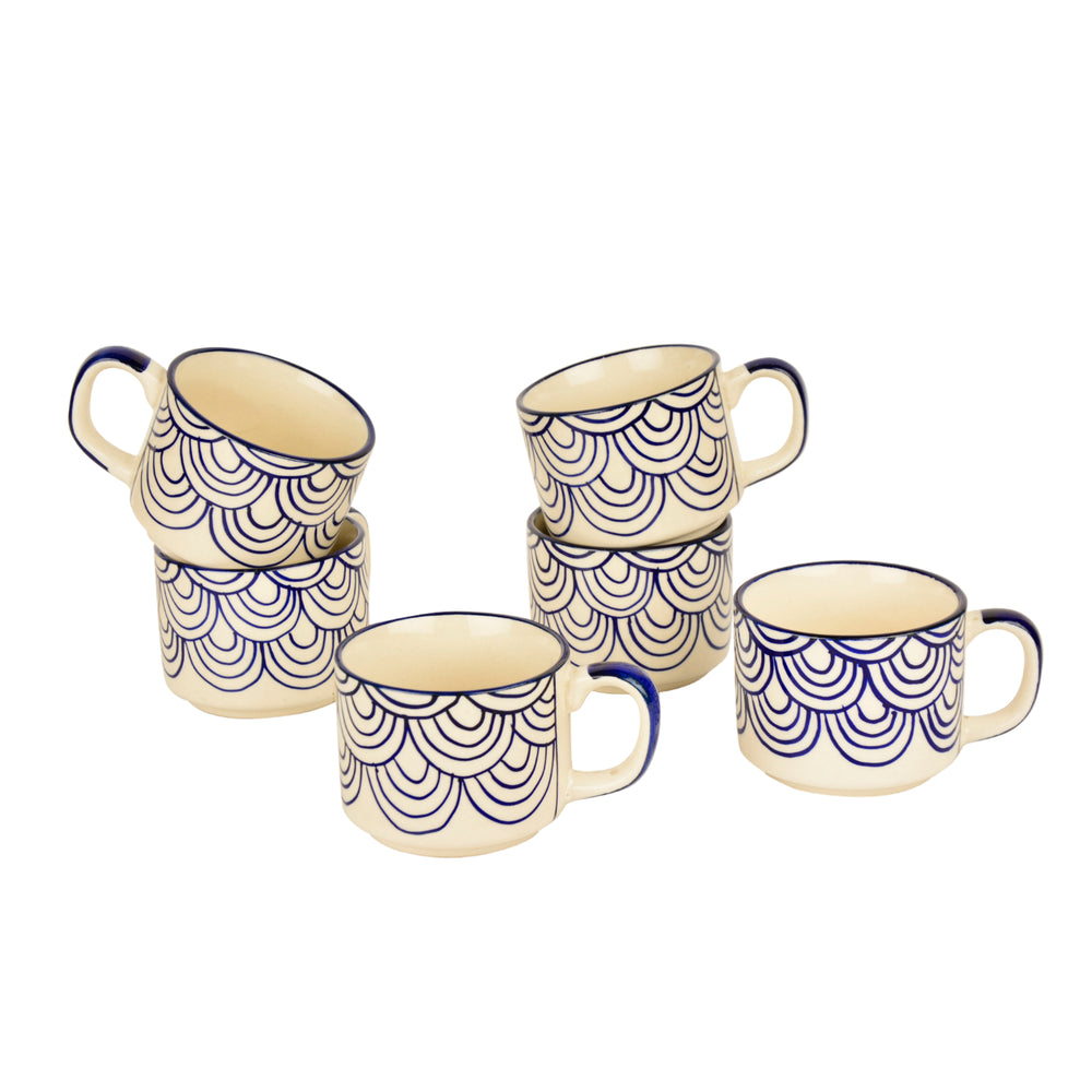 Hand Painted Blue Spiral Ceramic Cups (Set of 6, 150 ml)