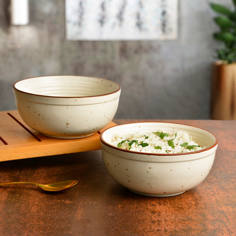 Studio Pottery Off White Matt Finish Ceramic Dinner Serving Bowls (Daimeter - 6.6 inches, 850 ml each, Set of 2)