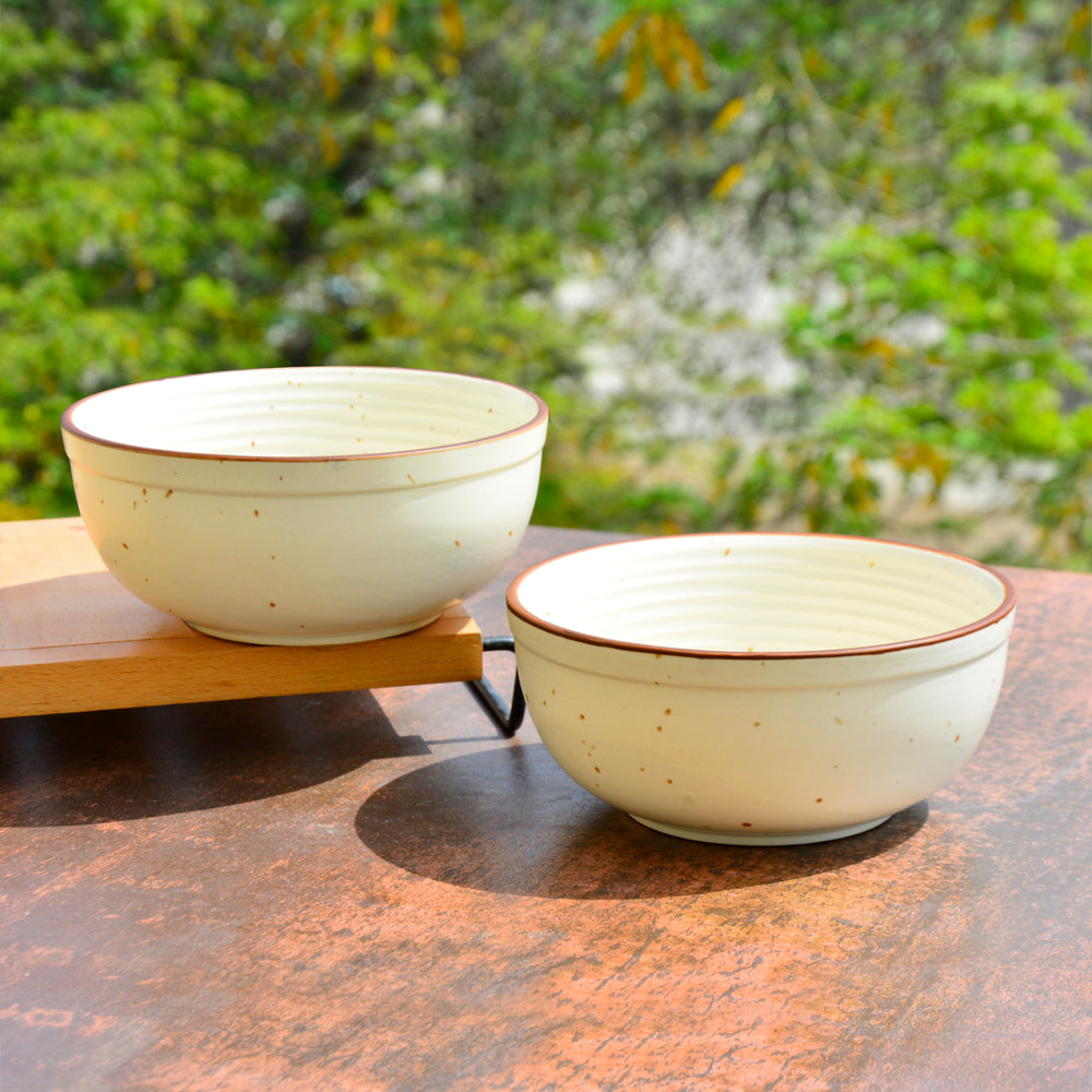 Studio Pottery Off White Matt Finish Ceramic Dinner Serving Bowls (Daimeter - 6.6 inches, 850 ml each, Set of 2)