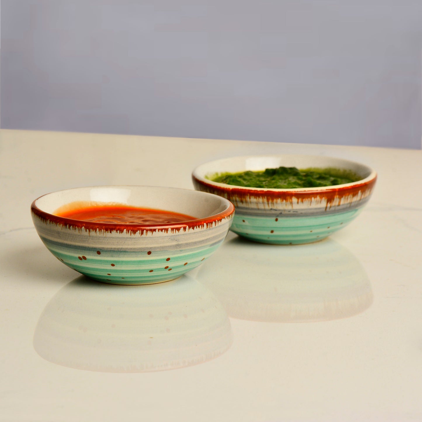 Studio Pottery Ceramic Green Carnival Dip Bowls (Set of 2, 50 ml each)