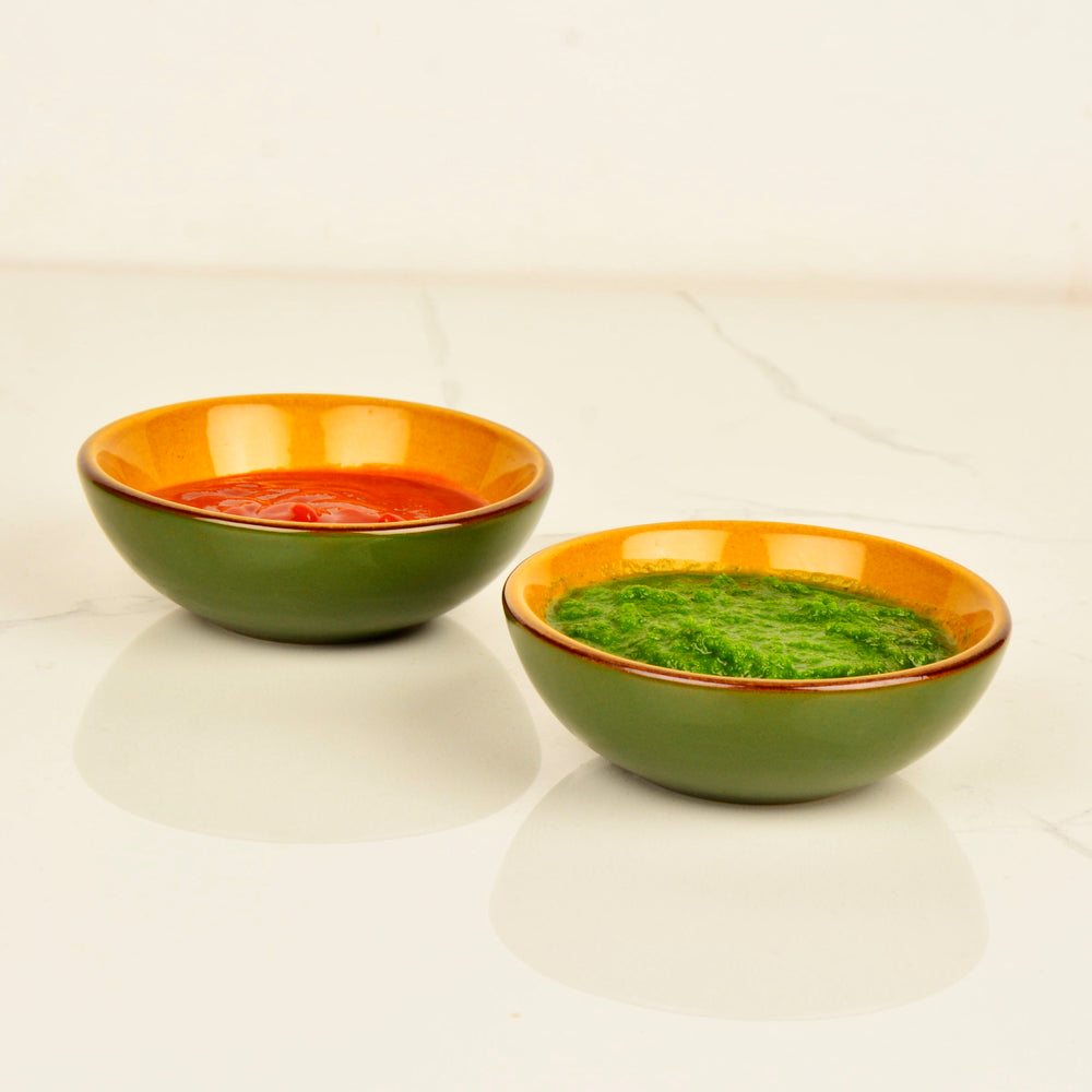 Studio Pottery Ceramic Chrome Green Dip Bowls (Set of 2, 50 ml each)