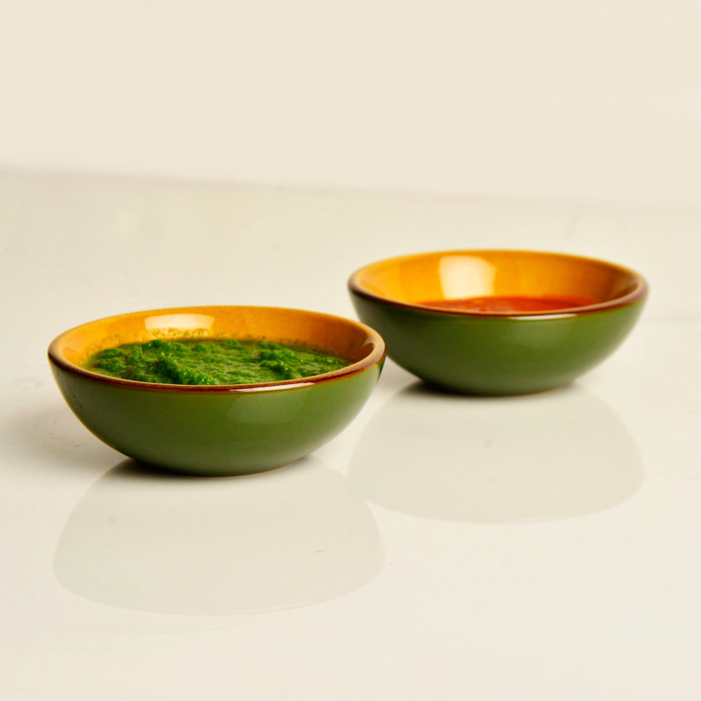 Studio Pottery Ceramic Chrome Green Dip Bowls (Set of 2, 50 ml each)