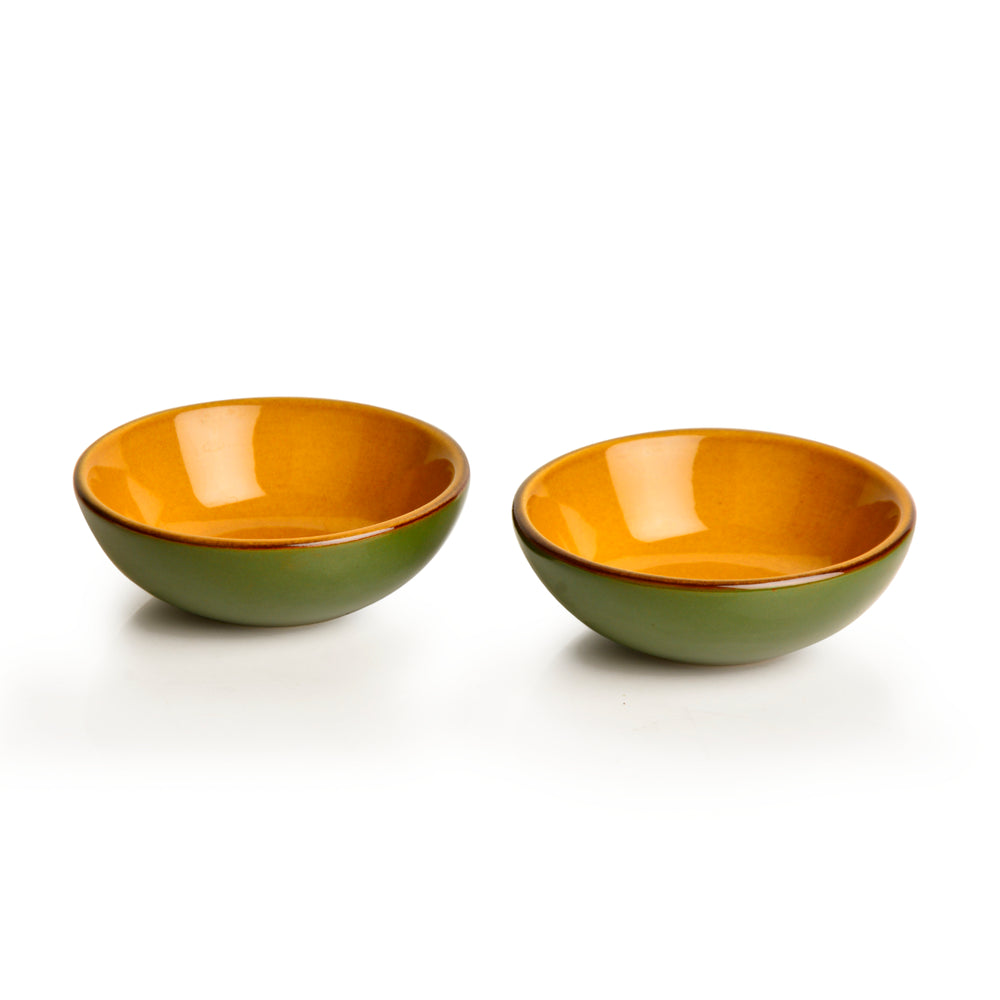 Studio Pottery Ceramic Chrome Green Dip Bowls (Set of 2, 50 ml each)