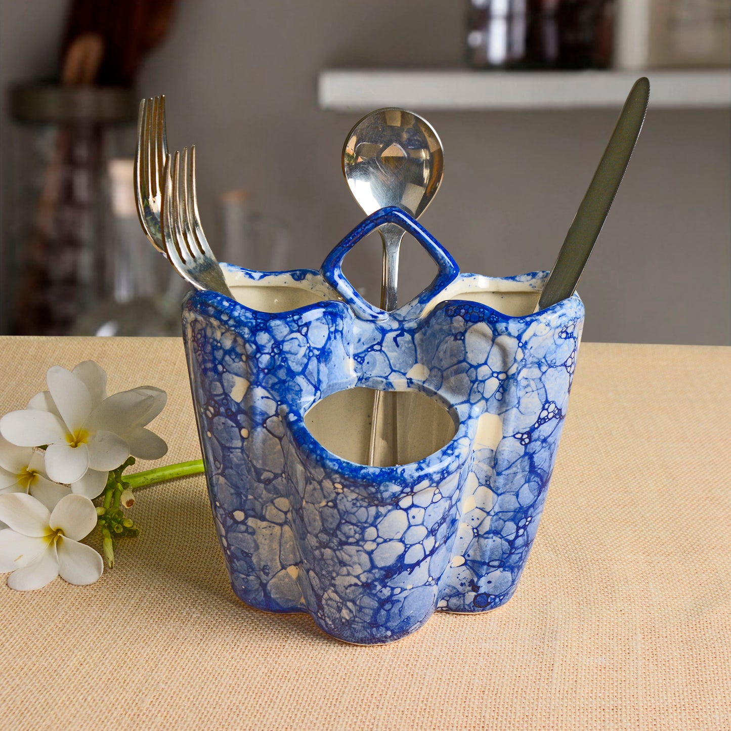 Hand Glazed Blue Lustre Ceramic Kitchen Cutlery Stand