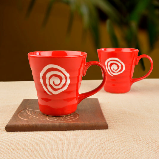 Hand Glazed Ceramic Milk Mugs (300 ml, Set of 2, Red)