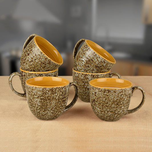 Hand Glazed Ceramic Soup Cups with Handle (300 ml each, Set of 6, Sage and Yellow)