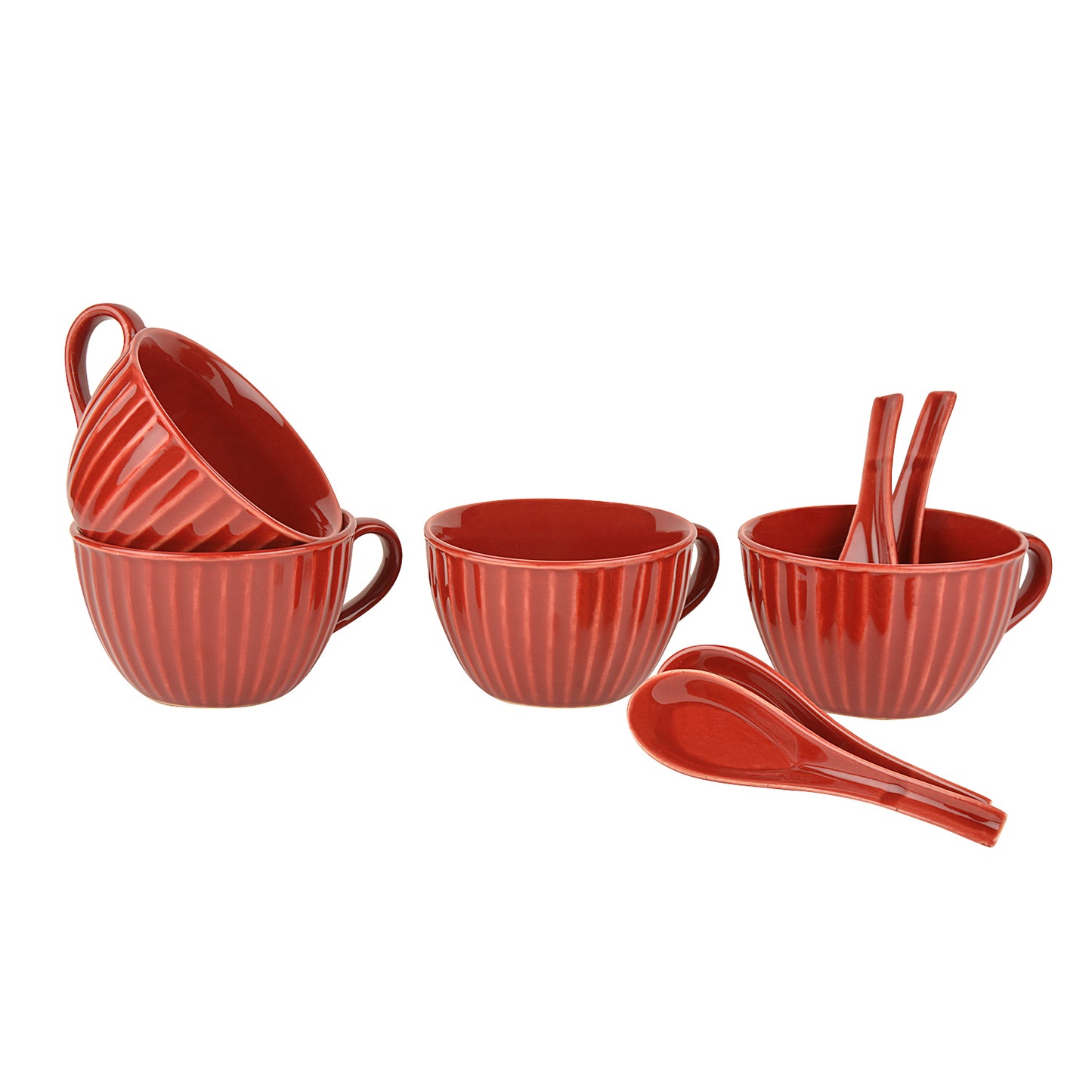 Studio Pottery Hand Glazed Ceramic Soup Cup with Spoon (350 ml each, Set of 4, Cherry Red)
