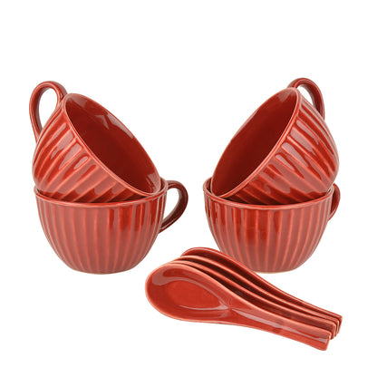 Studio Pottery Hand Glazed Ceramic Soup Cup with Spoon (350 ml each, Set of 4, Cherry Red)