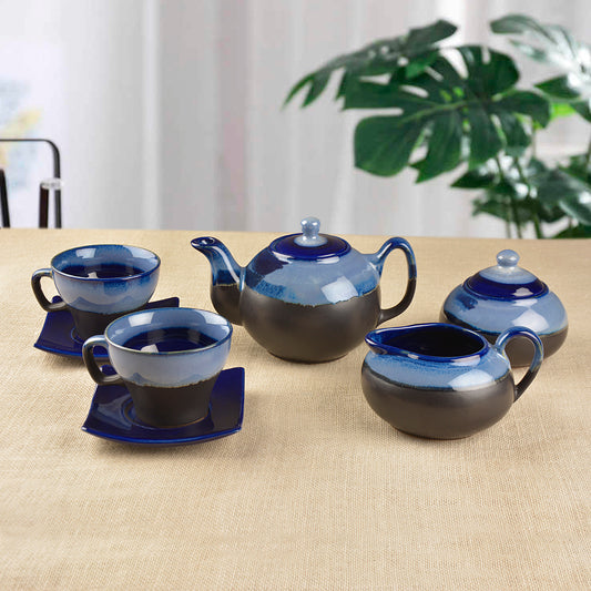 Hand Glazed Dual Tone Ceramic 7 Piece Morning Set (1 Tea Pot, 1 Milk Pot, 1 Sugar Pot, 2 Cups with 2 Saucer, Black and Blue)