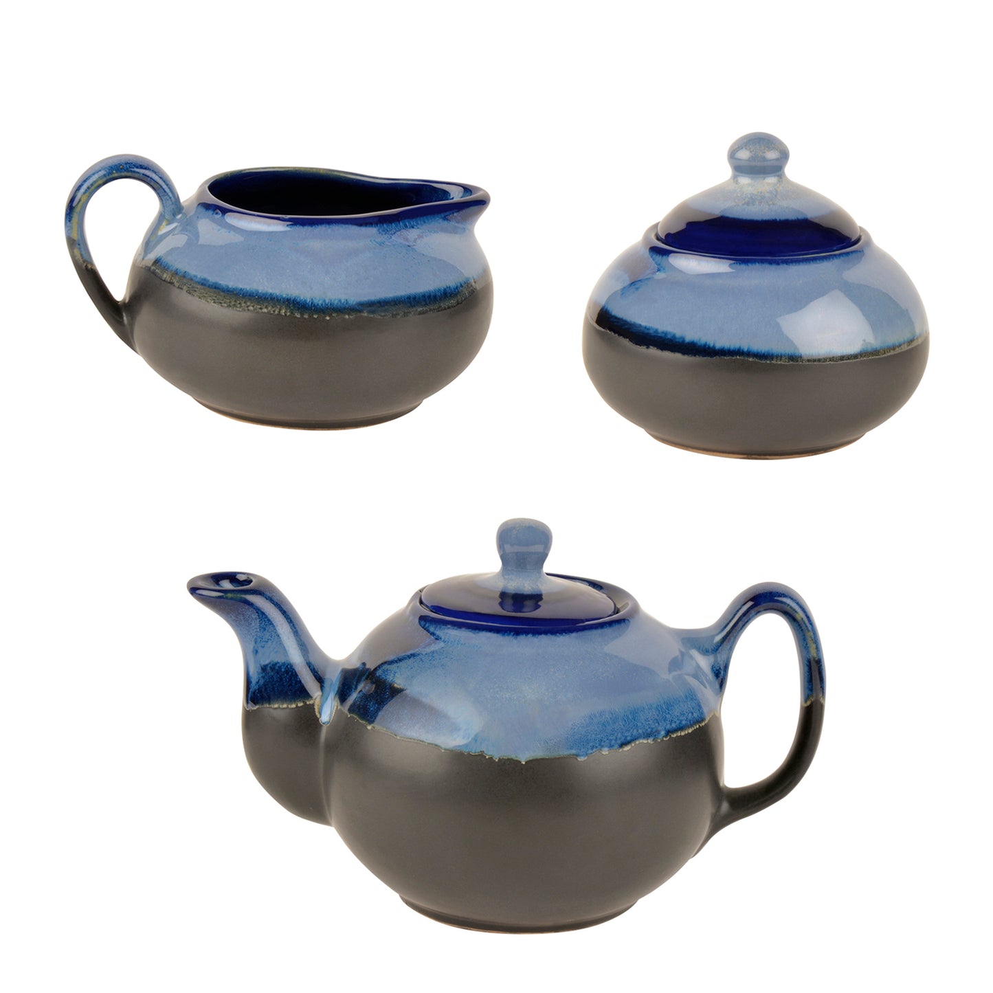 Hand Glazed Dual Tone Ceramic 7 Piece Morning Set (1 Tea Pot, 1 Milk Pot, 1 Sugar Pot, 2 Cups with 2 Saucer, Black and Blue)