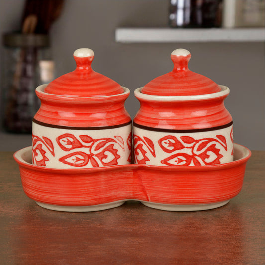 Ceramic Pickle Serving Jar Set with Tray (Set of 2, Red and White)