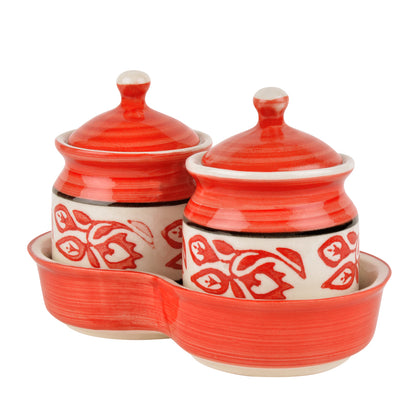 Ceramic Pickle Serving Jar Set with Tray (Set of 2, Red and White)