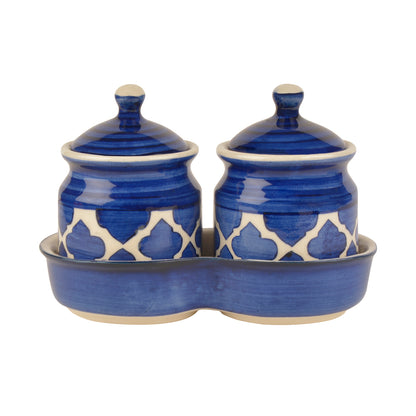 Ceramic Pickle Serving Jar Set with Tray (Set of 2, Blue and White)