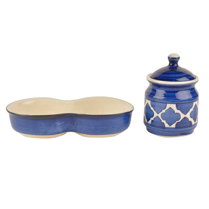 Ceramic Pickle Serving Jar Set with Tray (Set of 2, Blue and White)