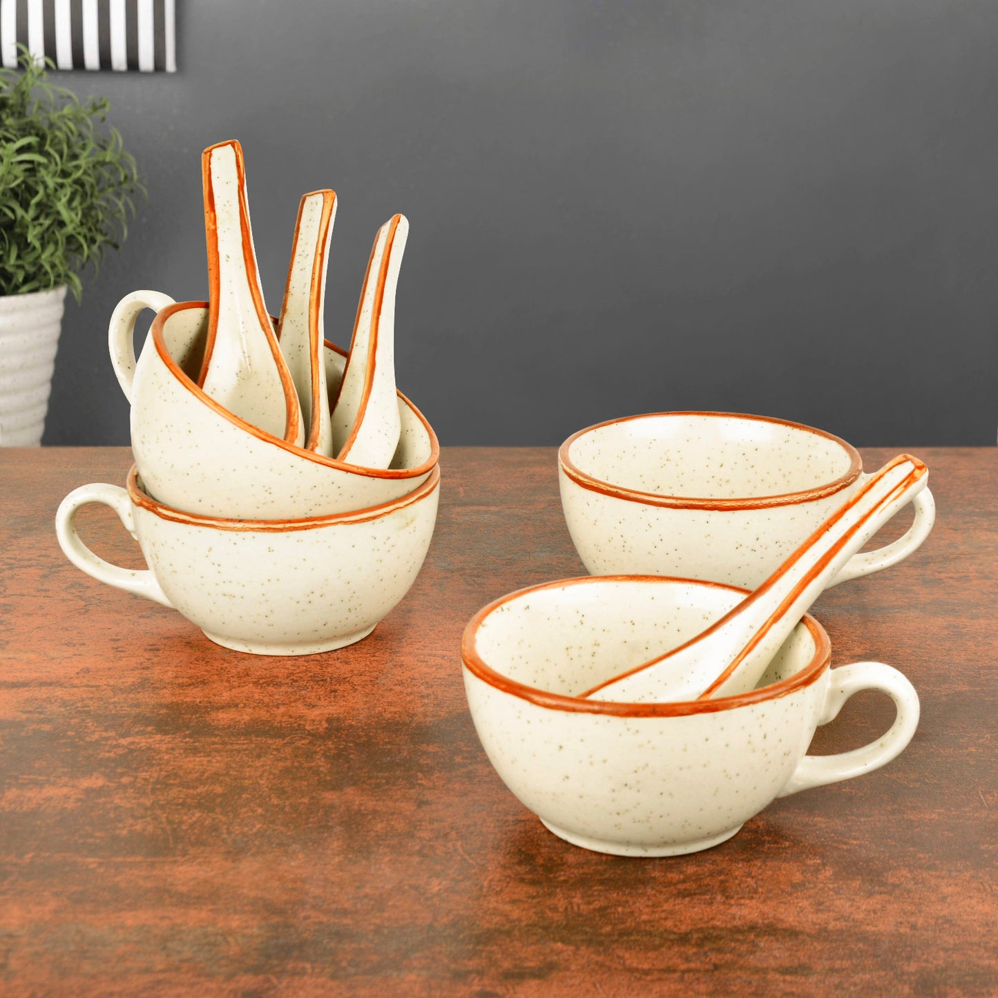 Ceramic Matt Finish Soup Cups with Spoon (250 ml each, Set of 4, White)