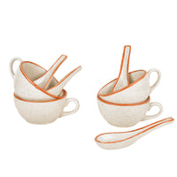 Ceramic Matt Finish Soup Cups with Spoon (250 ml each, Set of 4, White)