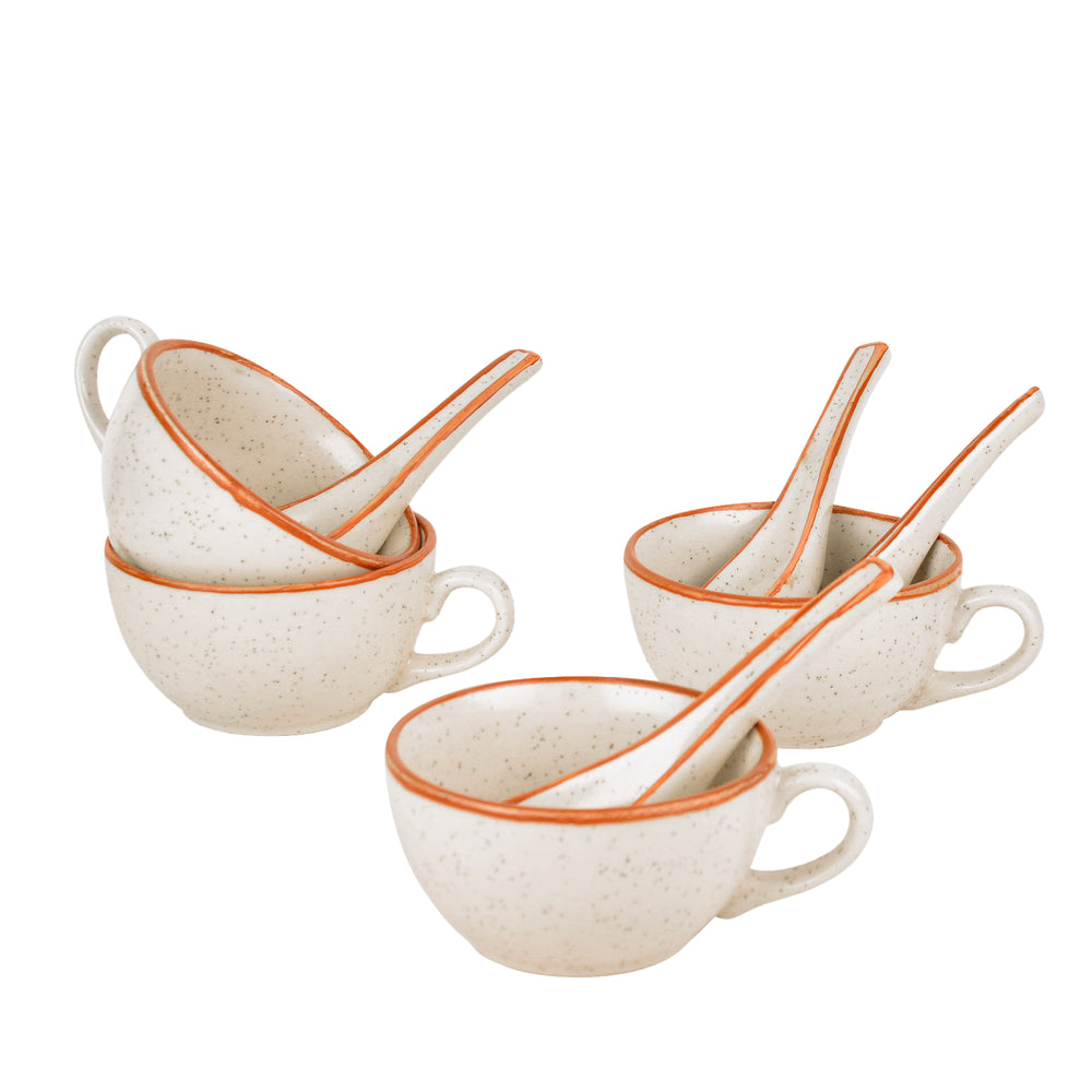 Ceramic Matt Finish Soup Cups with Spoon (250 ml each, Set of 4, White)