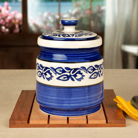 Hand Painted Ceramic Multi-Utility Round Storage Jar (Burni) with Lid (1200 ml, Blue)