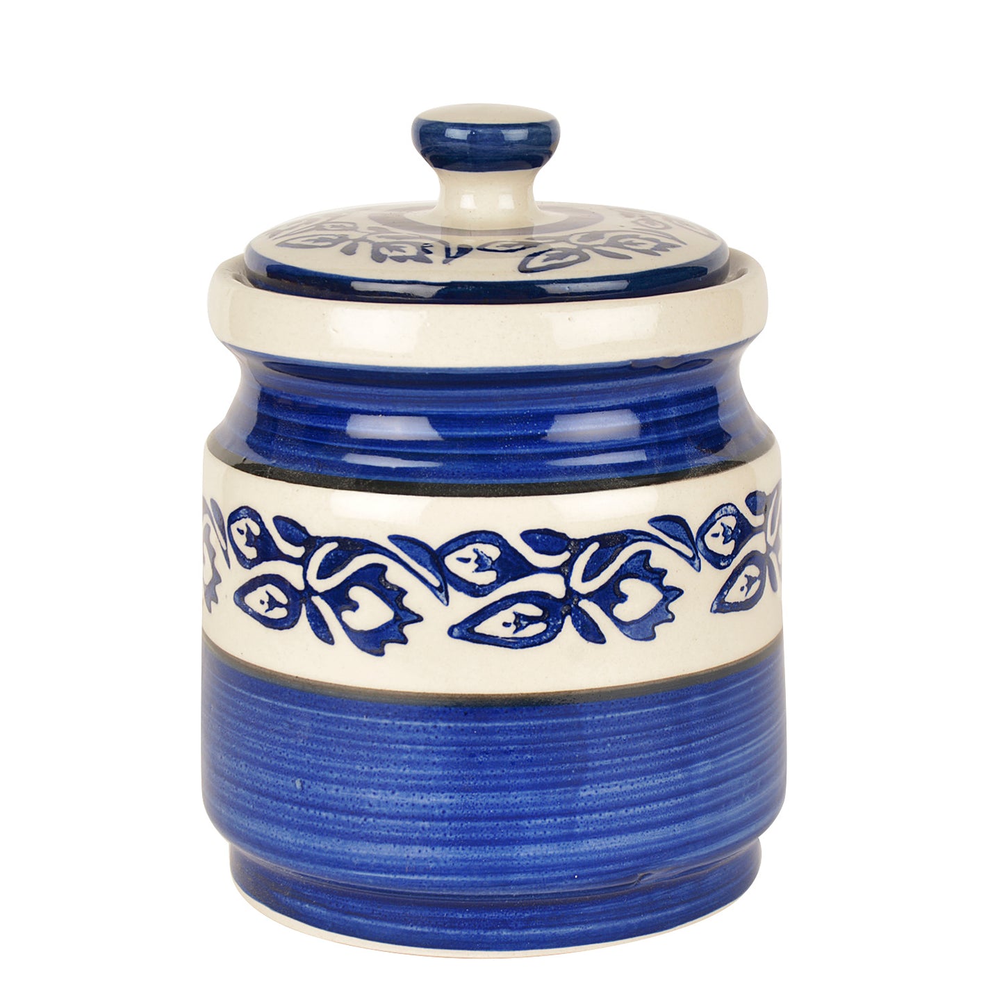 Hand Painted Ceramic Multi-Utility Round Storage Jar (Burni) with Lid (1200 ml, Blue)