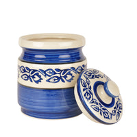 Hand Painted Ceramic Multi-Utility Round Storage Jar (Burni) with Lid (1200 ml, Blue)