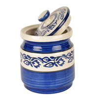 Hand Painted Ceramic Multi-Utility Round Storage Jar (Burni) with Lid (1200 ml, Blue)