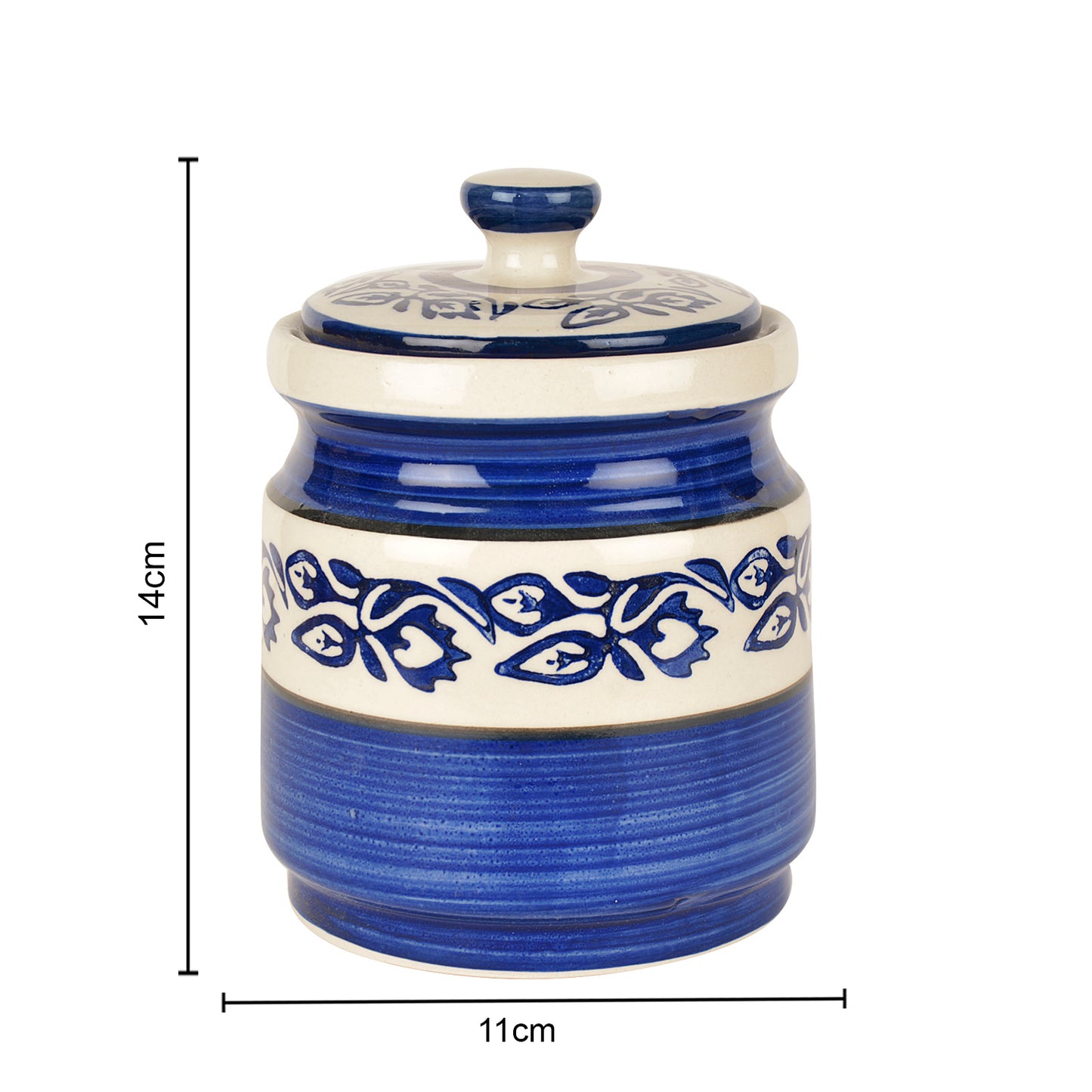 Hand Painted Ceramic Multi-Utility Round Storage Jar (Burni) with Lid (1200 ml, Blue)