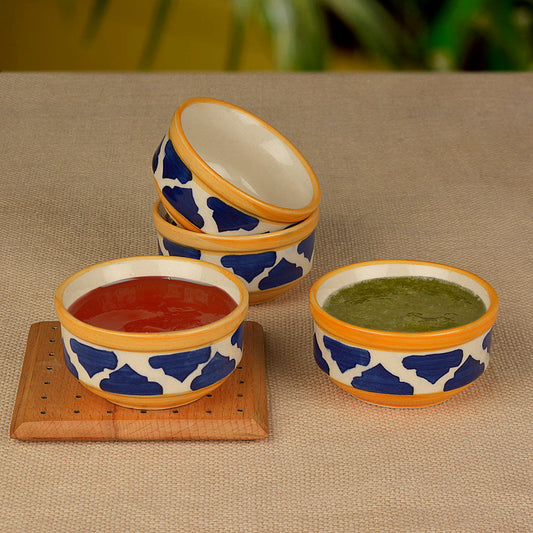 Handpainted Ceramic Serving Bowls (110 ml , Set of 4, Blue and Yellow)