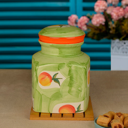 Handpainted Ceramic Square Jar (Burni) with Lid (2000 ml, Green and Orange)