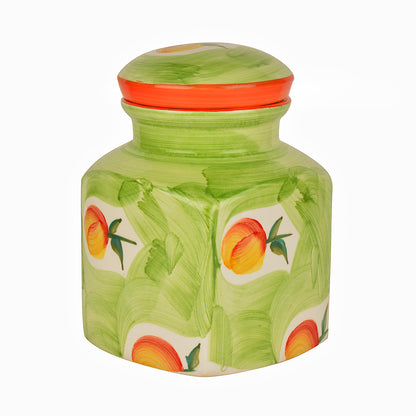 Handpainted Ceramic Square Jar (Burni) with Lid (2000 ml, Green and Orange)