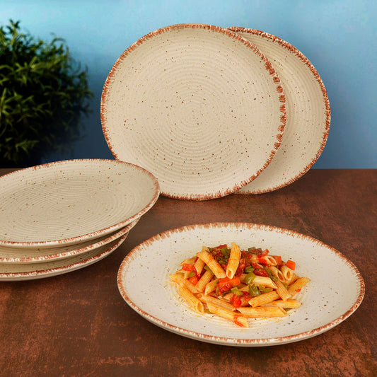 Hand Glazed Ceramic Dinner Serving Plates (10 inches , Set of 6 , Off White , Brown)