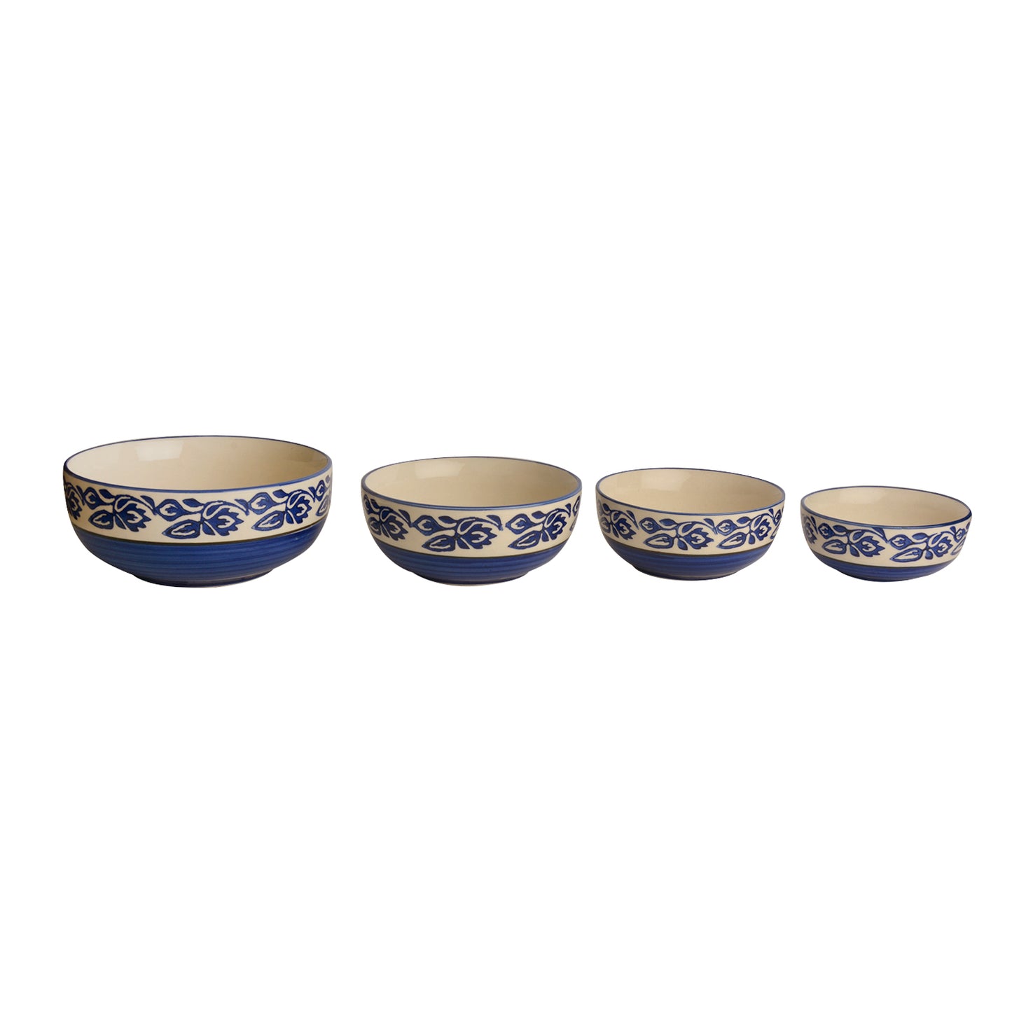 Studio Pottery Handpainted Dinner Serving Bowl Set (Set of 4 , Blue)