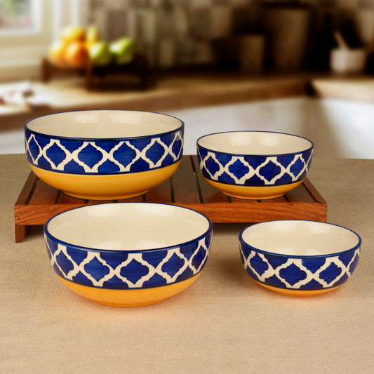 Studio Pottery Handpainted Dinner Serving Bowl Set (Set of 4 , Blue , Yellow)