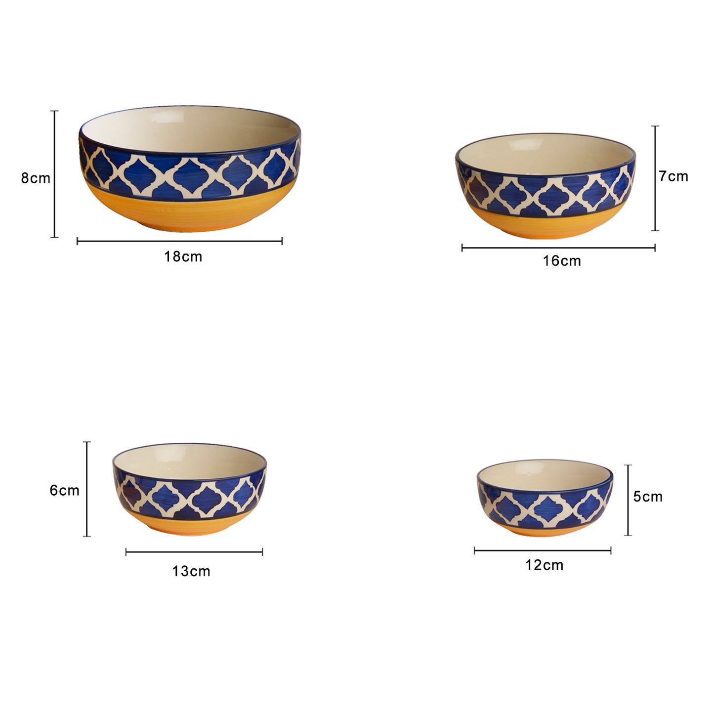 Studio Pottery Handpainted Dinner Serving Bowl Set (Set of 4 , Blue , Yellow)