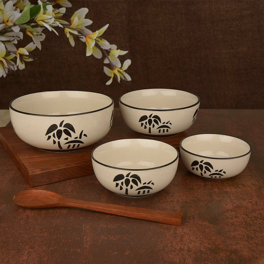 Studio Pottery Handpainted Dinner Serving Bowl Set (Set of 4 , Black Motif)