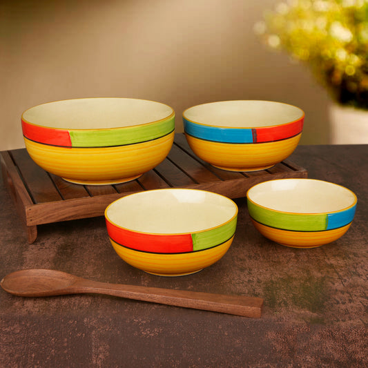 Studio Pottery Handpainted Dinner Serving Bowl Set (Set of 4 , Orange, Green , Yellow)