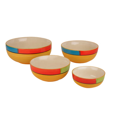 Studio Pottery Handpainted Dinner Serving Bowl Set (Set of 4 , Orange, Green , Yellow)