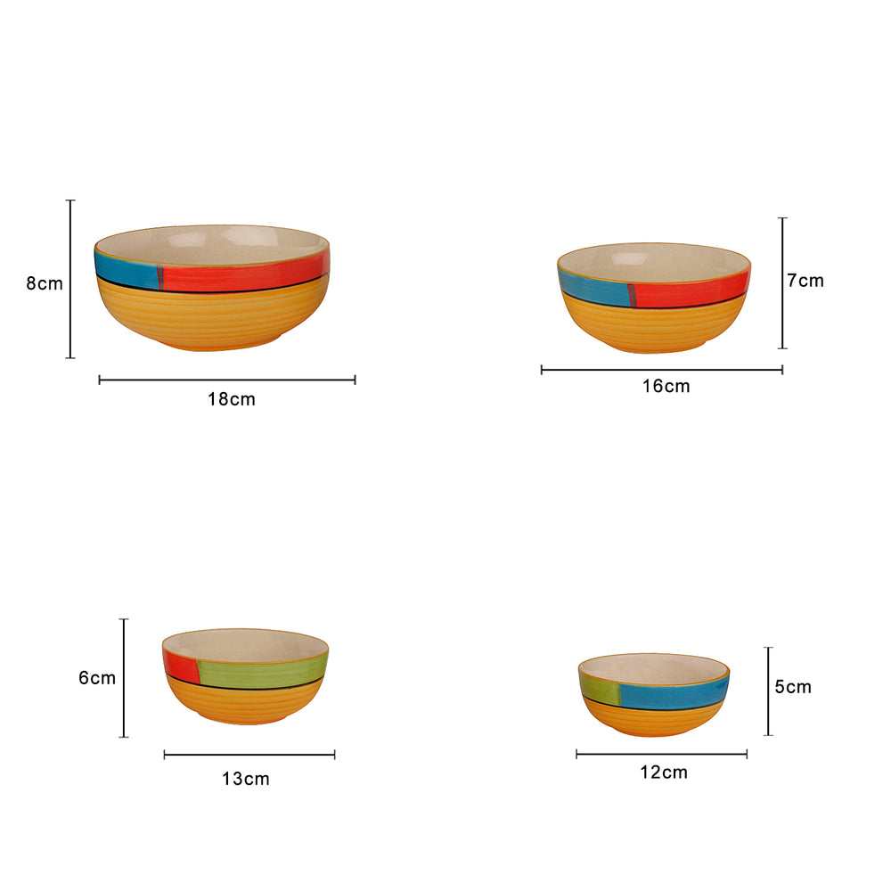 Studio Pottery Handpainted Dinner Serving Bowl Set (Set of 4 , Orange, Green , Yellow)