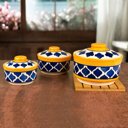 Studio Pottery Handpainted Ceramic Serving Donga with Lid (Set of 3, Blue and Yellow)