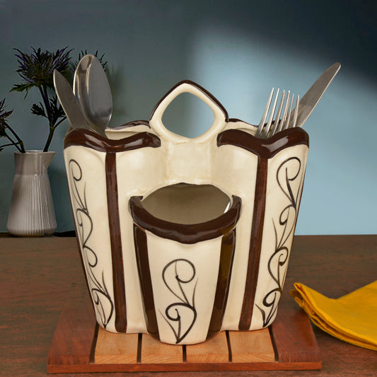 Handpainted Ceramic Kitchen Cutlery Stand (Brown and White)