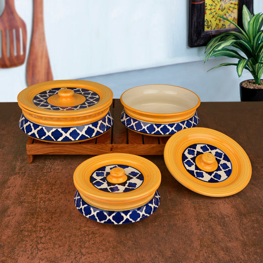 Handpainted Ceramic Handi with Lid (Set of 3, Blue and Yellow)